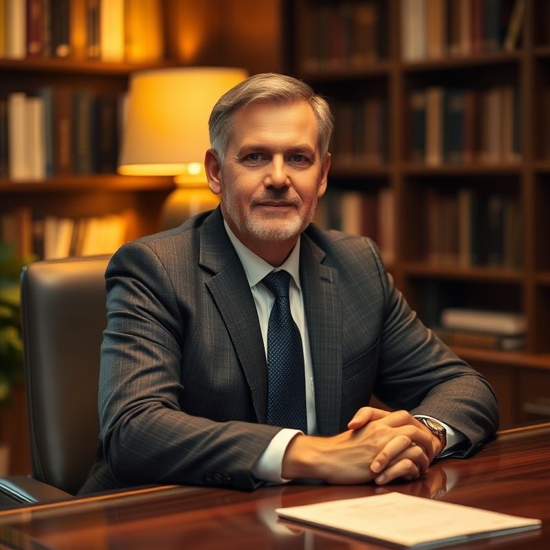 Consultant senior la un birou de nuc închis, lumină caldă de veioză, portret editorial