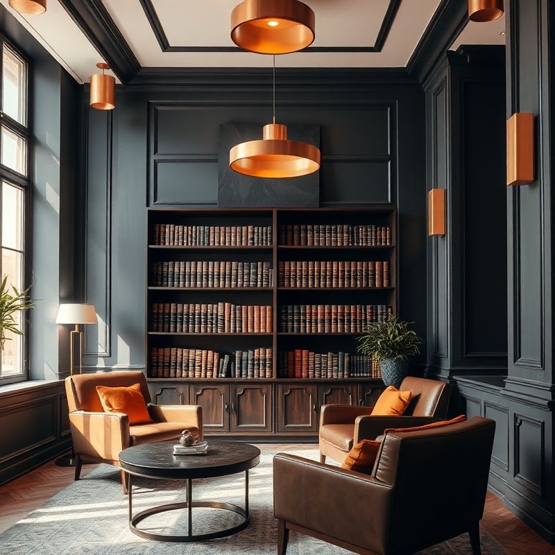 Interior sofisticat al studioului: pereți charcoal, lumini calde de aur, rafturi cu volume juridice